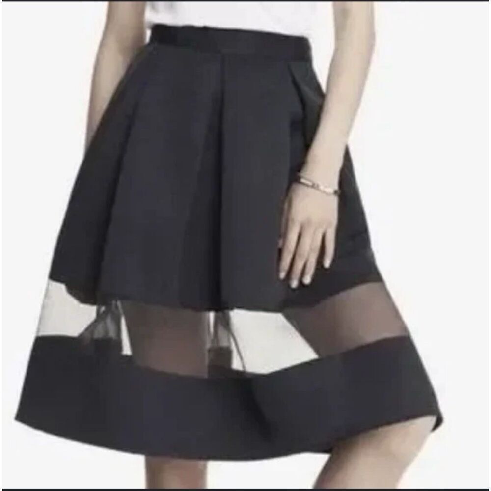 EXPRESS Black A-Line Midi SKIRT with Sheer Panel Details Size XS NWOT